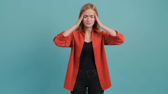 Headache, Young Woman Feeling Pain, Holding Her Head with Hand