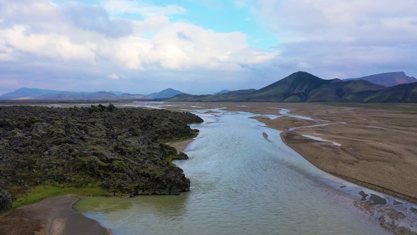 Iceland. Majestic aerial flight through the epic landscape of Iceland River.  Amazing nature.