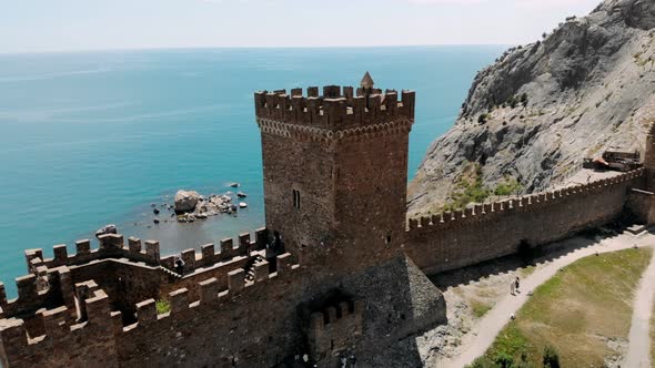 Aerial Around Incredible Stone Towers Wall Genoese Fortress Citadel Mountain Top Bay of Black Sea at