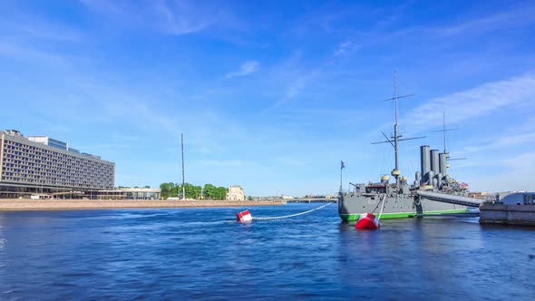 cruiser aurora, warship in time lapse, water museum, history and sightseeing. travel and tourists