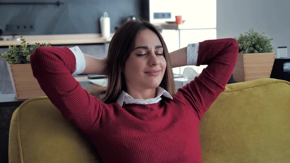 Attractive Healthy Calm Lady Relaxing on Comfortable Sofa Napping Feel Stress Free at Home Lounge