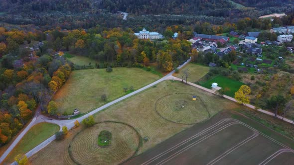 Aerial View of the Krimulda Palace in Gauja National Park Near Sigulda and Turaida, Latvia. Old Mano