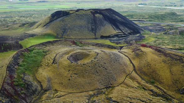 Aerial Drone Flight Over Grabrok Crater Iceland