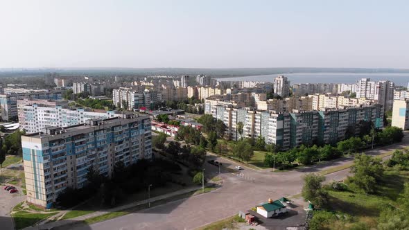 Aerial Panorama of Dwelling Blocks of Multistory Buildings Near Nature and River