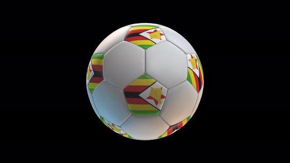 Soccer ball with flag Zimbabwe, on black background loop alpha alt