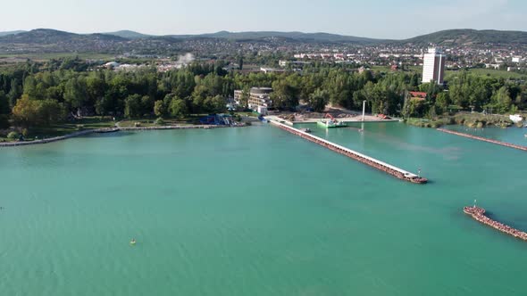 Aerial View of Lake Balaton in Hungary Coast of Balatonfured Sunny Day