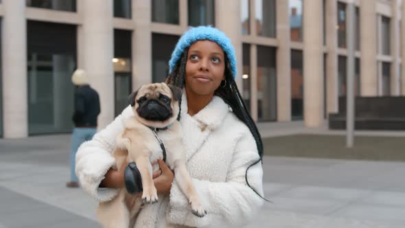 Beautiful African Woman Holding Adorable Pug Dog and Walking Along City Street