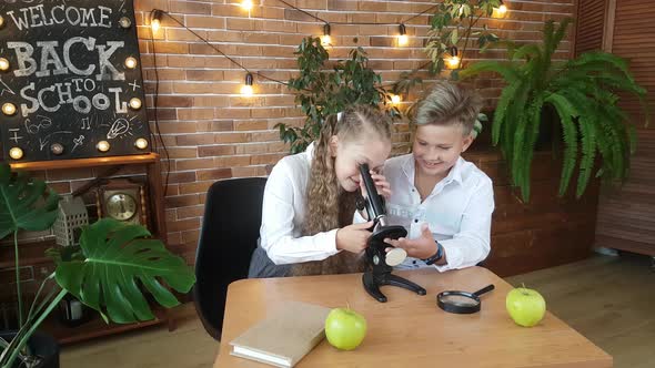 Schoolchildren - a boy and a girl are studying a microscope