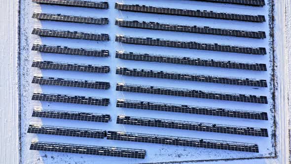 Winter photovoltaic farm on snowy field. Alternative energy in Poland alt