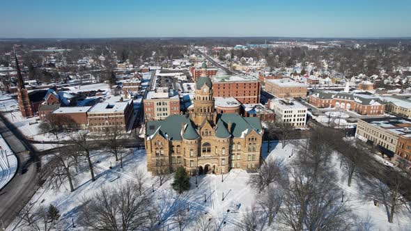 Aerial drone view of Trumbull County Courthouse,Warren, Ohio. Trumbull County Court House in the win