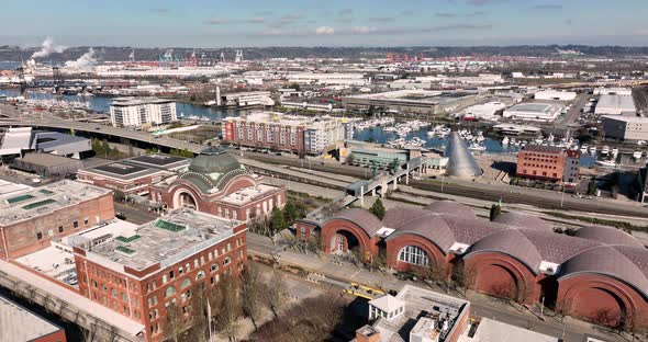 Tacoma Union Station Pan Around to Downtown Aerial 4K UHD