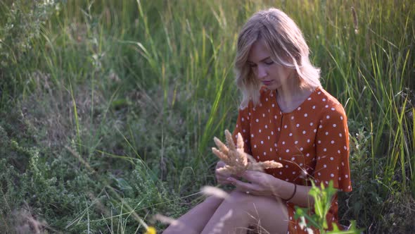 Beautiful Young Woman Walks in the Field Collects a Bouquet of Flowers and Spikelets