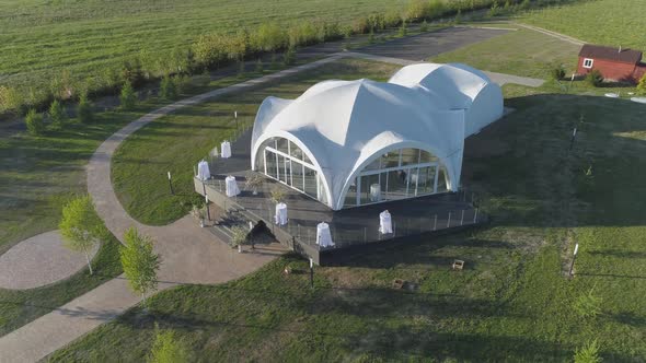 Rural Area Aerial View of a White Tent for Recreation and Events a Place of Rest Outside the City