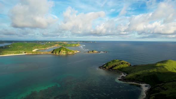 Aerial view of Selong Belanak, Tropical island with sandy beach