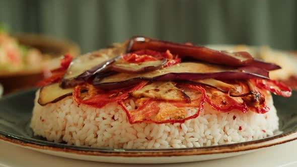 Maqluba Dish Closeup Rice and Vegetables Arabian National Traditional Food