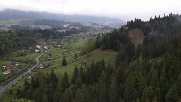 Ukraine, Carpathian Mountains: Beautiful Mountain Forest Landscape. Aerial