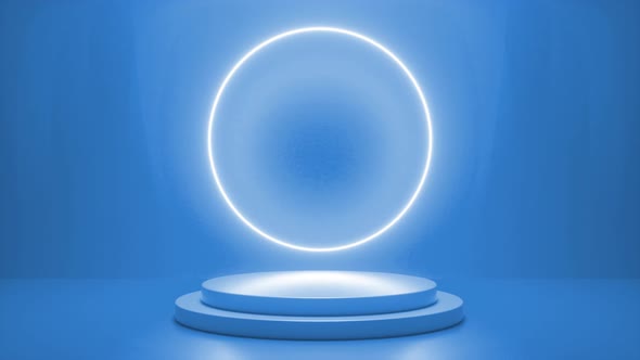 Blue podium with a bright glowing blinking neon circle