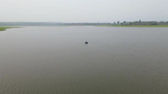 fishing greenery forest mountain lake-wide top drone view Karnataka Mysore.