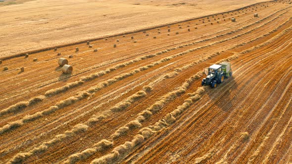 Tractor with round baler na fields. Machines for collecting and pressing hay, aerial view