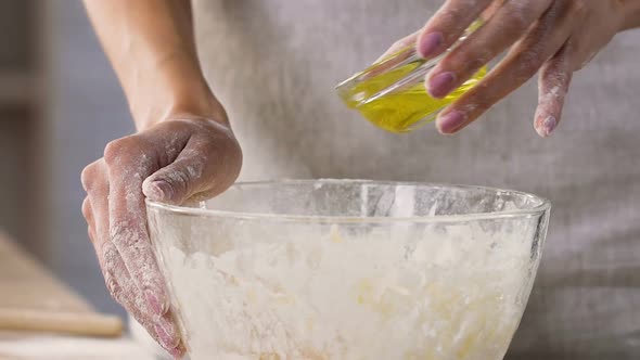 Woman Adding Ingredients, Kneading Dough for Baking Fresh Bread, Slowmotion