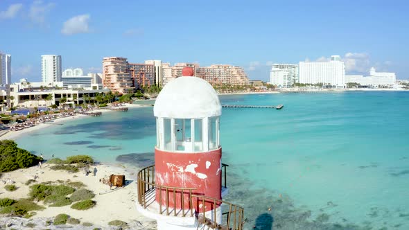 Aerial View of the Punta Cancun Lighthouse at the Peak of the Gulf of Mexico