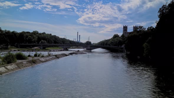 Isar River Under Summer Sky Wide View, Munich, Germany