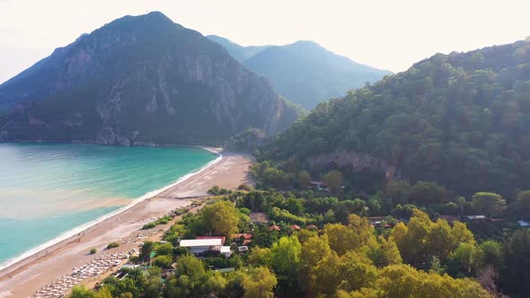 Aerial Panoramic View of Beach Mountains and Blue Sea