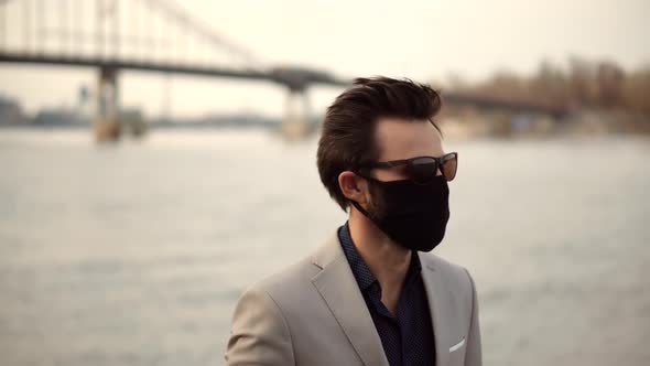 Businessman In Face Mask On Quarantine Prevention Contagion Epidemic Coronavirus.