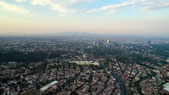Drone shot of mexico city during sunset