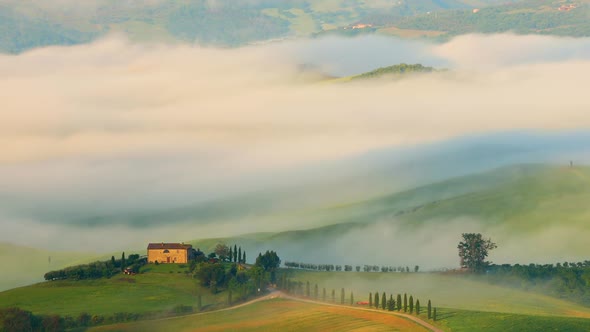 Tuscany Italy Foggy Landscape At Dawn