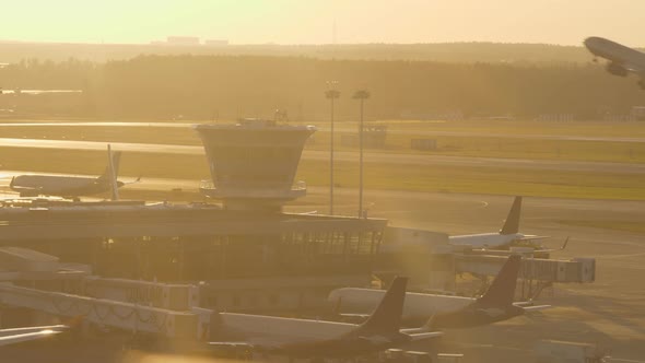 Airport View in Warm Light of Sunset