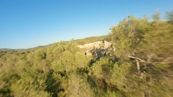 Drone Over Ruined Gardiki Castle With Tourists In Corfu