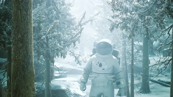 Astronaut Exploring Forest in Snow