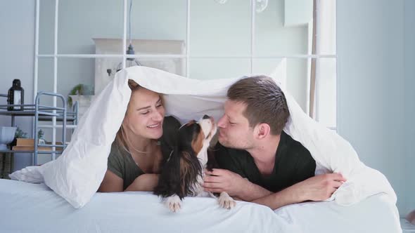 A Loving Couple of European Appearance Lie Under a White Warm Blanket on a Bed in a Cozy Modern Room