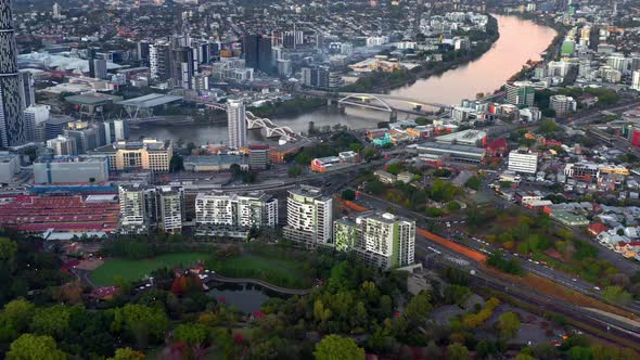 Aerial Panoramic View Of Roma Street Parkland And The Railway Station In Brisbane Central Business D