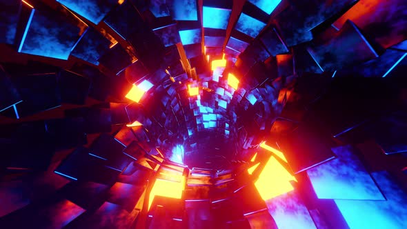 Flying through a tunnel of blue and orange metal cubes. Infinitely looped animation.