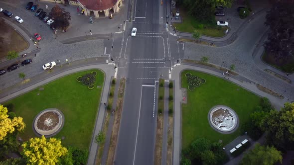 Symmetrical street houses with towers Great aerial view flight bird's eye view tilt up drone footag