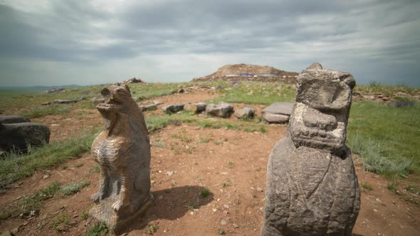 Stone Animal Sculptures in the Historical Archaeological Excavation Site