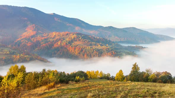 Morning Mist Over the Valley Among the Mountains in the Sunlight. Fog and Beautiful Nature of