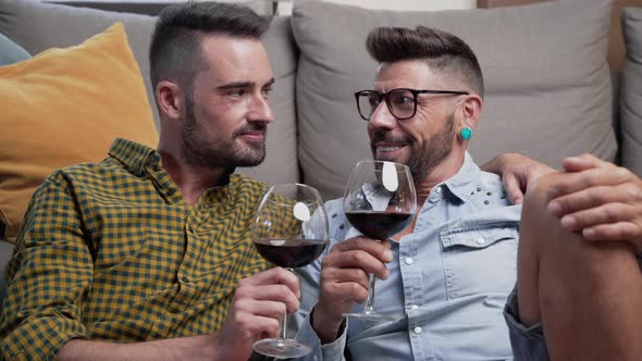 Romantic Gay Couple Smiling and Drinking Wine at Home