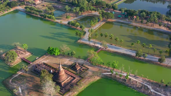 Aerial View of Wat Sra Sri or Wat Sa Si in Sukhothai Historical Park in Thailand