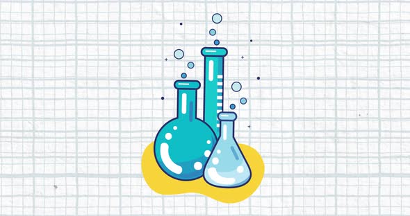 Several test tubes and beakers with blue grid on a white background alt