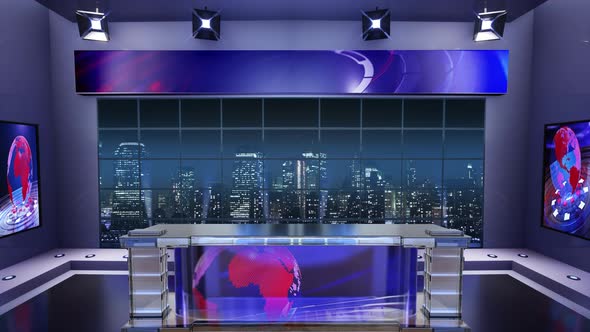 3D Virtual News Studio. Announcer Table With Night City Background And Floodlights 9