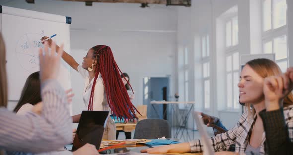 Young Professional Positive Black Business Mentor Woman Giving Instructions To Partners at Modern