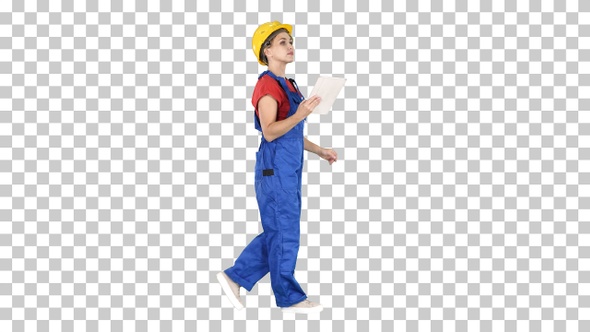 Construction Lady Using Electronic Tablet Walking, Alpha Channel