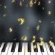 Golden Music Symbols Raining Over Piano Keyboard Smoke Black Background - VideoHive Item for Sale
