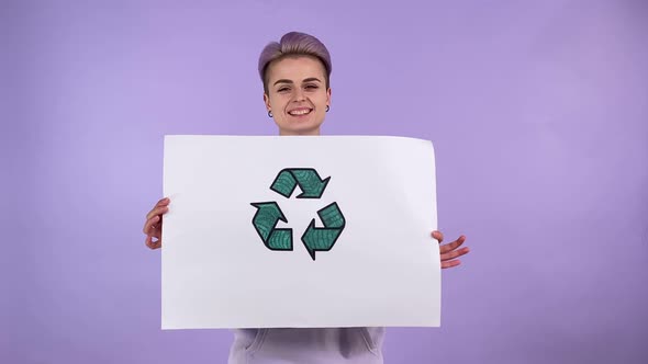 Eco Friendly Person Gen Z Holding Poster with Recycle Sign Isolated