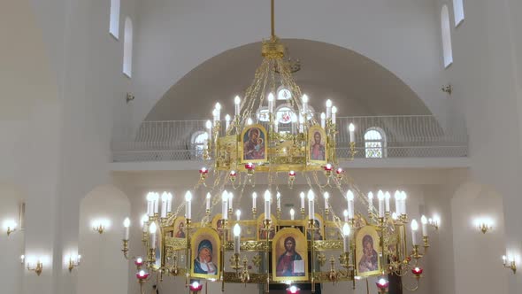 Aerial Drone Flight around Church Lampshade inside Church