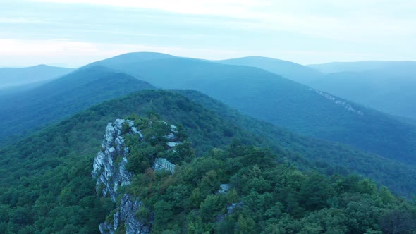 An aerial shot (counter-clockwise orbit) of Big Schloss, Great North Mountain and the Trout Run Vall