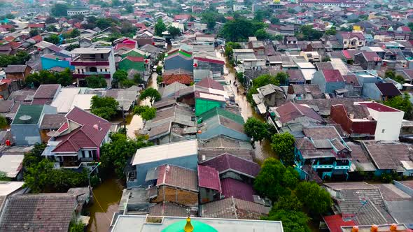 Aerial POV view Depiction of flooding. devastation wrought after massive natural disasters